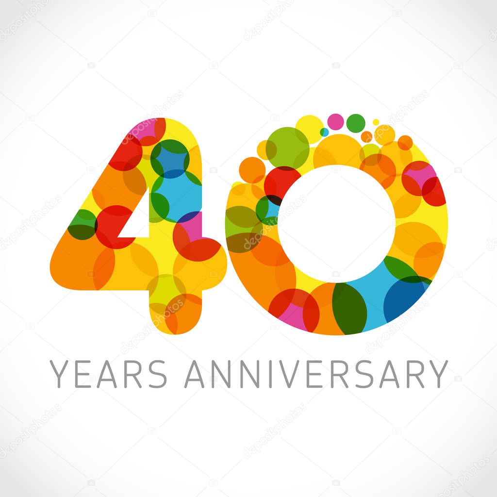 4 0 th anniversary numbers. 4 years old multicolored logotype. Congrats 40th greetings, congratulation idea. Isolated abstract graphic design template. Coloured digits, up to -40% percent off discount