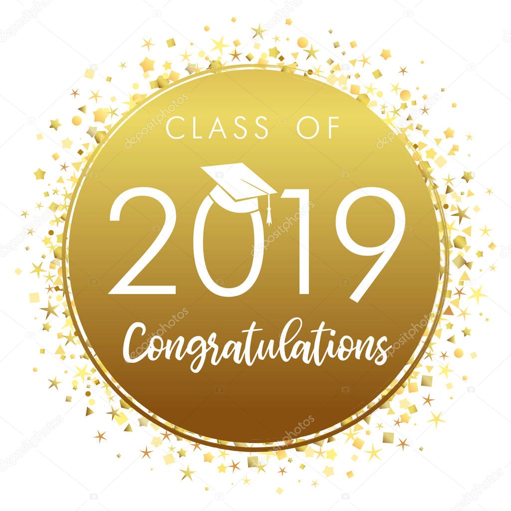 Class of 20 19 year graduation banner, awards concept. Medal idea, holiday coloured invitation card, golden emblem. Isolated numbers, abstract graphic design template, brush letters, white background