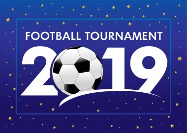 Futbol 2019, dünya şampiyonluğu mavi arka plan. Şampiyonluk vektör afiş için şık sayılar ve futbol topu tasarımı. Dünya spor turnuvası 20 19