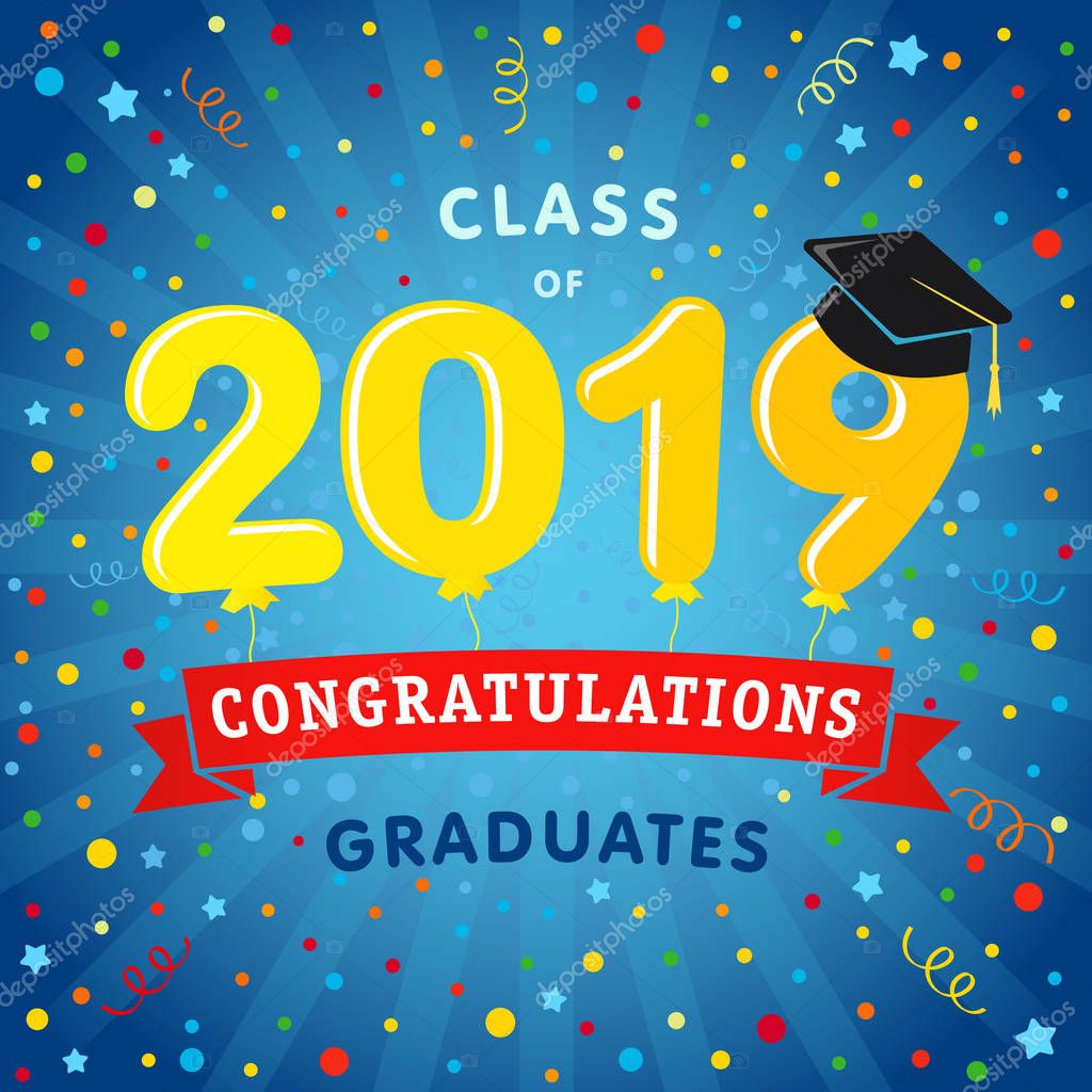 Class of 20 19 year graduates banner concept. olorful greeting card idea, happy holiday coloured invitation emblem. Isolated 3D yellow numbers. Abstract graphic design template. Blue background.