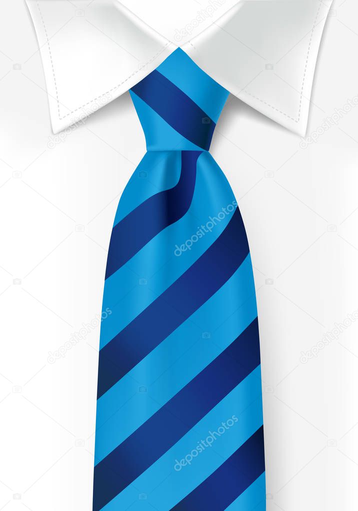 Blue striped tie on white shirt background. Colored teal elegant necktie for men. Vector illustration for fathers day