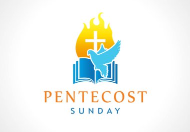 Pentecost Pazar, Kutsal Ruh afiş. Davet güvercin, İncil ve alev haç ile Pentecost hizmet. Vektör şablonu