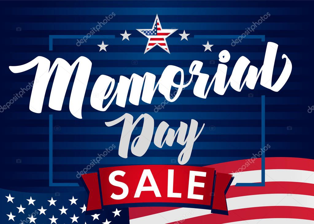 Memorial Day sale banner. Remember and honor. Vector illustration Hand drawn text lettering with stars for discount of memorial day in USA. Calligraphic design for sale banner or poster