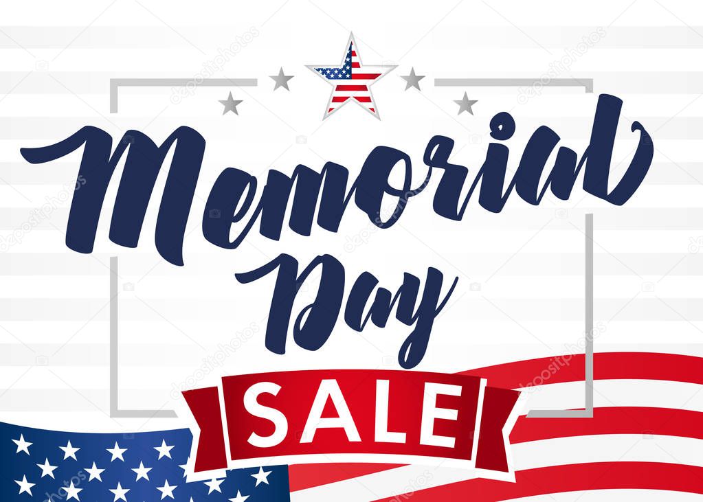 Memorial Day sale banner. Remember and honor. Hand drawn text with stars for memorial day in USA. Calligraphic design for sale banner or poster vector illustration 
