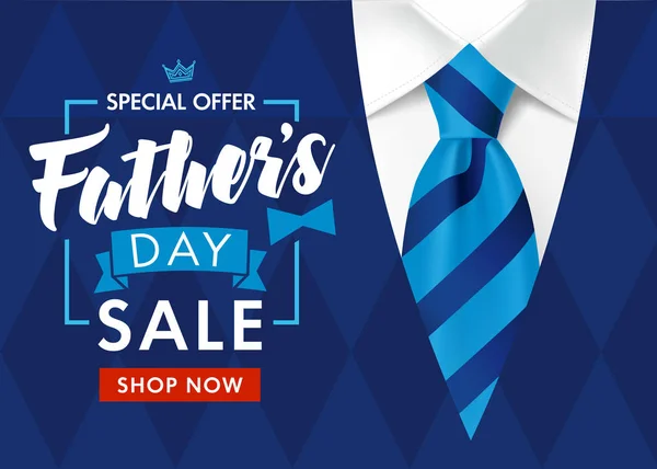 Father's Day Sale Promotion Poster or banner with striped blue tie and men's sweater. Promotion and shopping template for Fathers Day. Vector illustration