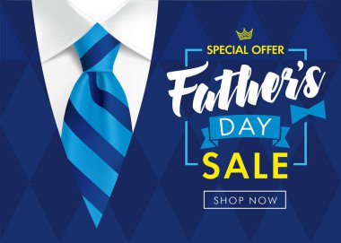 Babalar Günü İndirimi tanıtım afişi veya çizgili mavi kravat ve erkek kazak ile afiş. Babalar Günü için özel teklif alışveriş ve promosyon şablonu. Vektör çizimi 