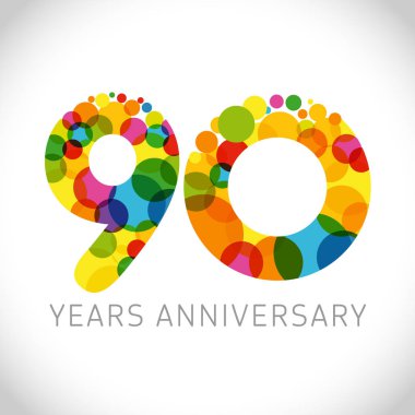90. yıldönümü numaraları. 90 yaşında çok renkli logo. Tebrikler 90 selamlar, tebrikler fikir. Yalıtılmış soyut grafik tasarım şablonu. İndirimde %-90'a varan renkli rakamlar