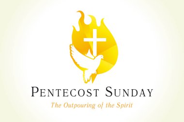 Pentecost pazar afişi ile güvercin & haç alev içinde. Kutsal Ruh ve metin ile pentecost hıristiyan hizmet davetedin. Vektör çizimi