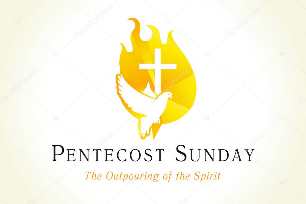 Pentecost sunday banner with dove & cross in flame. Invitation the christian service of pentecost with Holy Spirit and text. Vector illustration