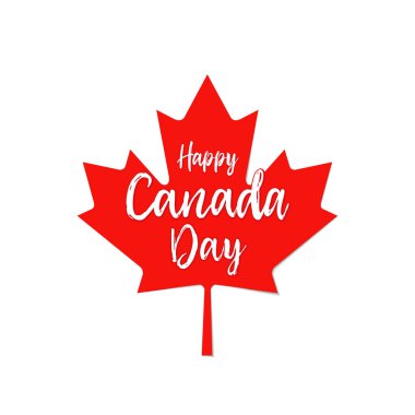 Kaligrafik harflerle Mutlu Kanada Günü rozeti. Kırmızı akçaağaç yaprağı olarak 1 Temmuz logotürü. Bir kağıt sanat tarzıvektör illüstrasyon. Yalıtılmış soyut grafik tasarım şablonu. T-shirt baskı fikri