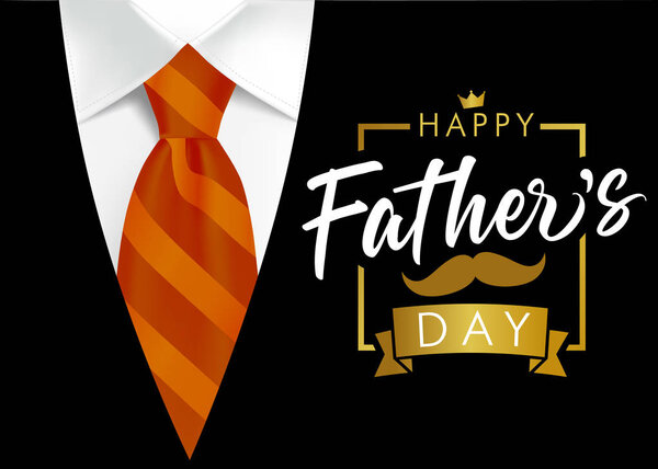 Happy father`s day vector lettering background. Happy Fathers Day calligraphy banner with with brown striped tie and men`s suit. Dad my king, vector illustration