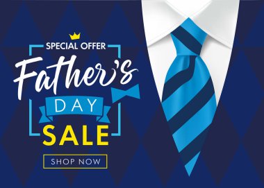 Babalar Günü afiş veya afiş için Satış promosyon. Çizgili mavi kravat ve erkek kazak ile Babalar Günü için özel teklif alışveriş ve promosyon şablonu. Vektör çizimi 