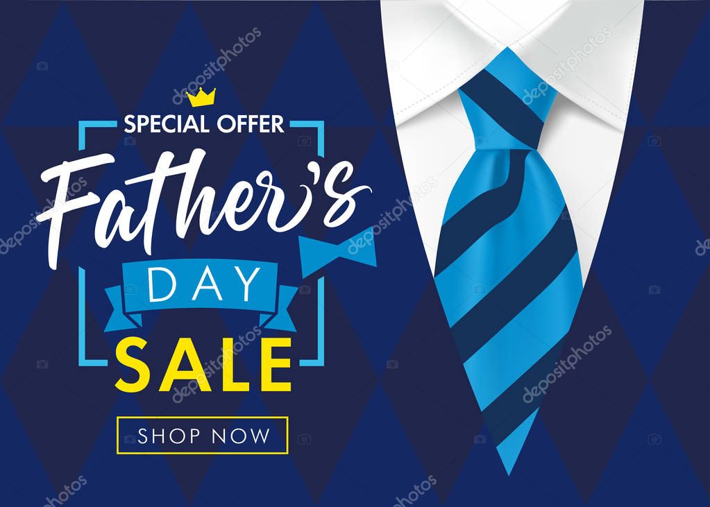 Sale promotion for Father's Day poster or banner. Special offer shopping and promotion template for Fathers Day with striped blue tie and men's sweater. Vector illustration 