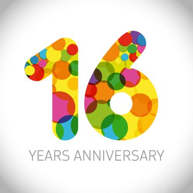 16. yıl numaraları. 16 yaşında çok renkli logo. Yaş tebrikler, tebrikler sanat fikri. Yalıtılmış soyut grafik tasarım şablonu. İndirimde %-16'ya varan renkli rakamlar.
