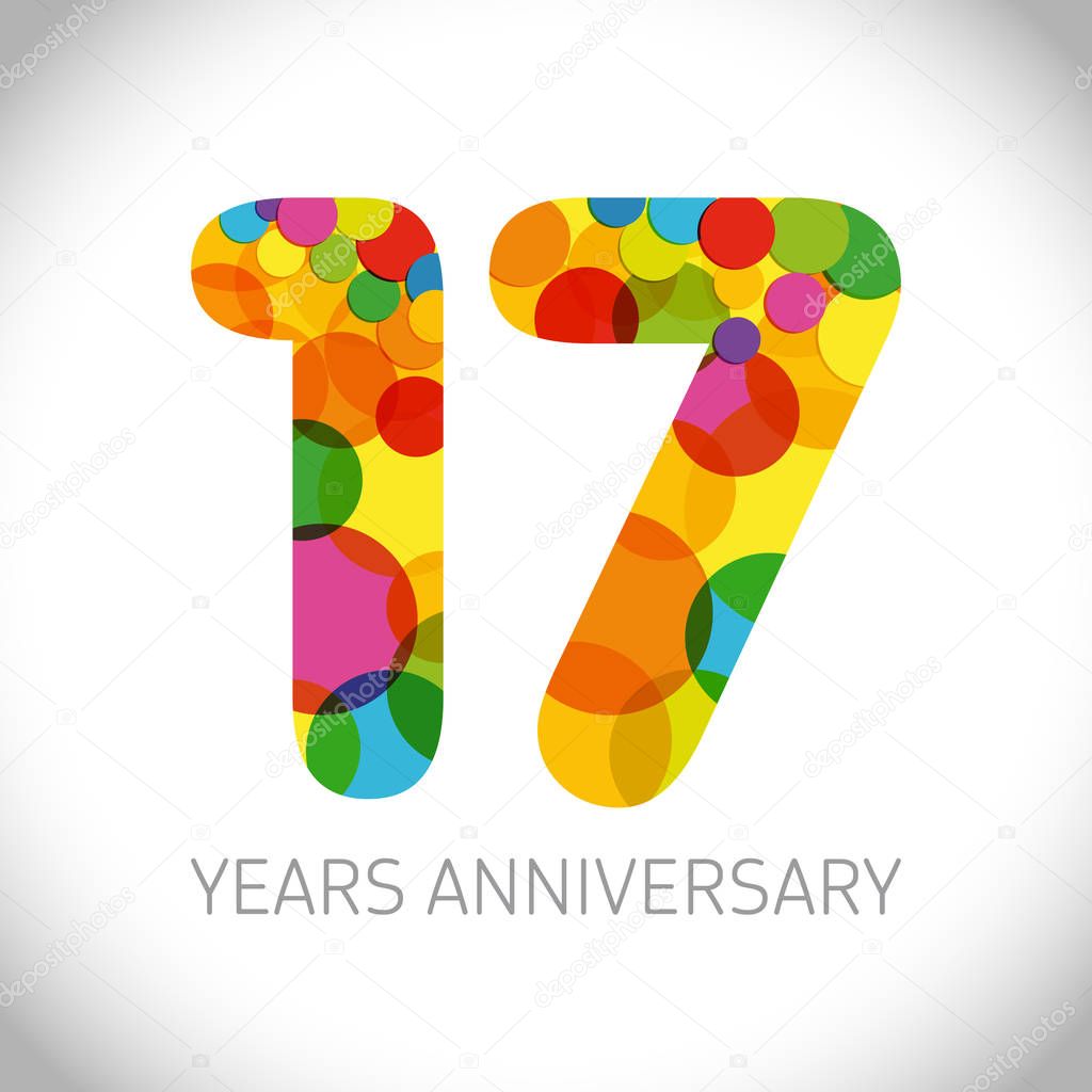 17 th anniversary numbers. 17 years old multicolored logotype. Age congrats, congratulation art idea. Isolated abstract graphic design template. Coloured digits up to -17% percent off discount.