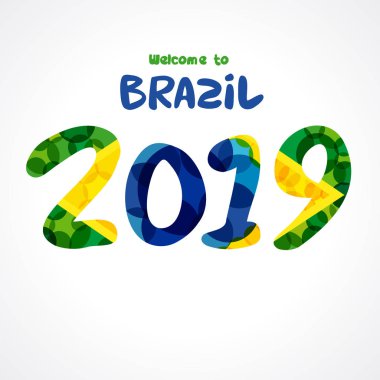 Hoşgeldiniz Brezilya 2019 poster. Brezilya bayrağı renklerde düz suluboya ile Brasil desen Dünya Şampiyonası. Conmeball Copa Amerika 20 19. Vektör Illustration