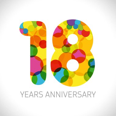 18. yıl numaraları. 18 yaşında çok renkli logo. Yaş tebrikler, tebrikler sanat fikri. Yalıtılmış soyut grafik tasarım şablonu. İndirimde %-18'e varan renkli rakamlar.