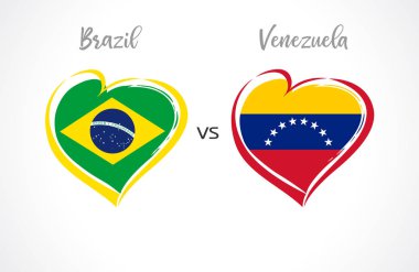 Brezilya vs Venezuela, beyaz arka plan üzerinde milli takım futbol bayrakları. Brezilya ve Venezuela bayrağı bir kalp, logo vektör. Rekabet Conmeball Copa America 2019 Futbol dünya şampiyonluğu