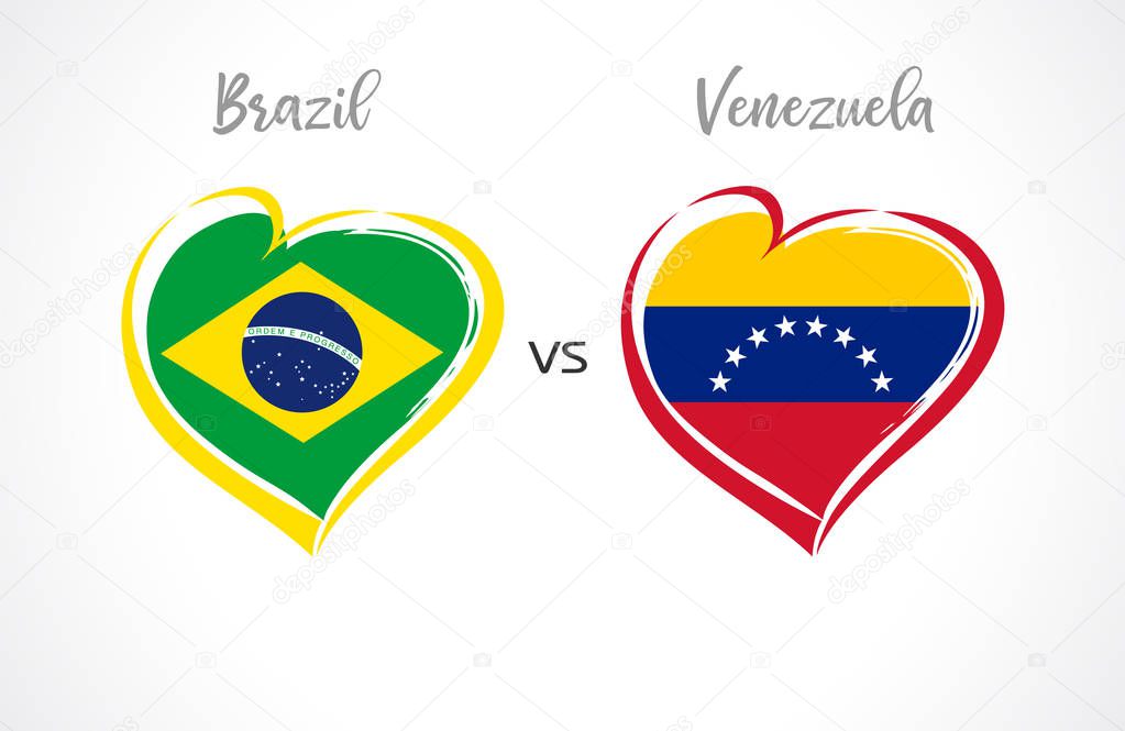 Brazil vs Venezuela, national team soccer flags on white background. Brazilian and Venezuelan flag in a heart, logo vector. Football world championship of the competition Conmeball Copa America 2019