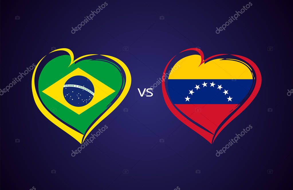 Brazil vs Venezuela, national team soccer flags on blue background. Brazilian and Venezuelan flag in a heart, logo vector. Football world championship of the competition Conmeball Copa America 2019