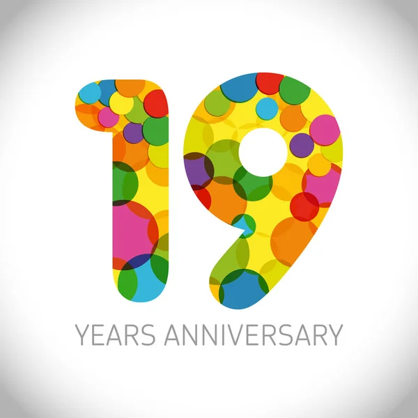19周年纪念日数字 19岁多彩标志 年龄祝贺 祝贺艺术理念 独立抽象图形设计模板 彩色数字高达 — 图库矢量图片