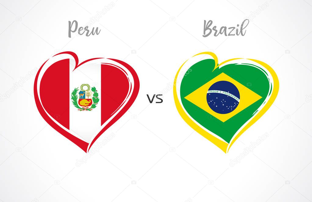 Peru vs Brazil, national team soccer flags on white background. Brazilian and Peruvian flag in heart, logo vector. Football world championship of the competition Copa America 2019