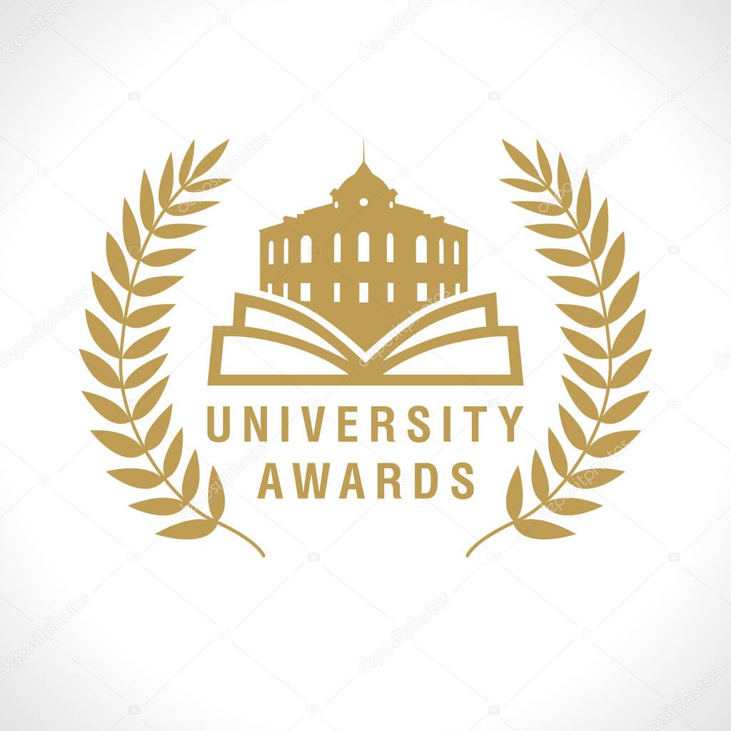 Educational awards logotype. Isolated abstract graphic design template. Golden colored award concept. Nominated celebrating elegant banner. Decorative sign with retro tradition architectural symbol.