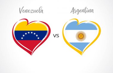Venezuela vs Arjantin, beyaz arka plan üzerinde milli takım futbol bayrakları. Venezüella ve Arjantin bayrağı kalbinde, logo vektör. Copa America 2019 dünya şampiyonası