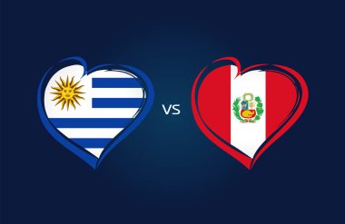 Uruguay vs Peru, mavi arka plan üzerinde milli takım futbol bayrakları. Kalbinde Uruguay ve Perulu bayrağı, logo vektör. Güney Amerika 2019 yarışma kupası futbol şampiyonası