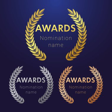 Ödüller logo türü seti. Yalıtılmış soyut grafik tasarım şablonu. Zarif adaylık afiş, #1 #2 #3 yer, yuvarlak parlayan semboller dekoratif eski gelenek koleksiyonu kutluyor. Vektör illüstrasyon. Ödül koleksiyonu bir iki üç