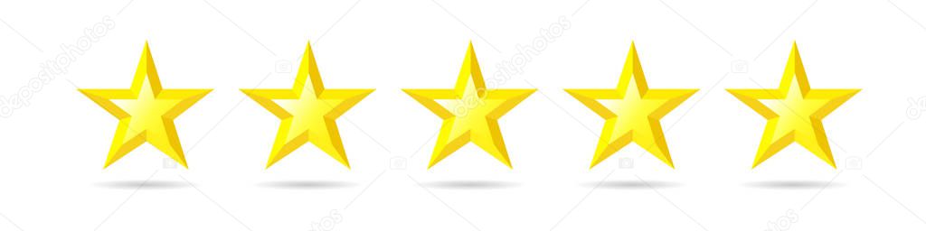 Five stars rating icon. Quality sign, rank star symbol. Yellow facet vector illustration