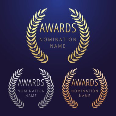 Ödüller logo türü seti. Yalıtılmış soyut grafik tasarım şablonu. Zarif adaylık afiş, #1 #2 #3 yer, yuvarlak parlayan semboller dekoratif eski gelenek koleksiyonu kutluyor. Vektör çizimi.