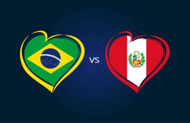 Brezilya vs Peru, mavi arka plan üzerinde milli takım bayrakları. Kalp şeklinde Brezilya ve Perulu bayrağı, logo vektör. Güney Amerika Futbol Şampiyonası Kupası 2019