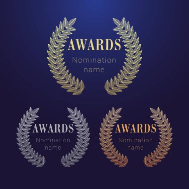 Ödüller logo türü seti. Yalıtılmış soyut grafik tasarım şablonu. Zarif adaylık afiş, #1 #2 #3 yer, yuvarlak parlayan semboller dekoratif eski gelenek koleksiyonu kutluyor. Vektör çizimi