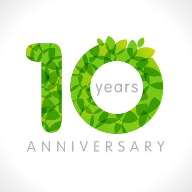 10. yıl numaraları. 10 yıllık logo. Yaş tebrikler, yaprakları ile tebrikler fikir. Yalıtılmış soyut grafik tasarım şablonu. Bitkisel rakamlar, %10'a varan indirim. Eko etiket. 10 yıldönümü logosu