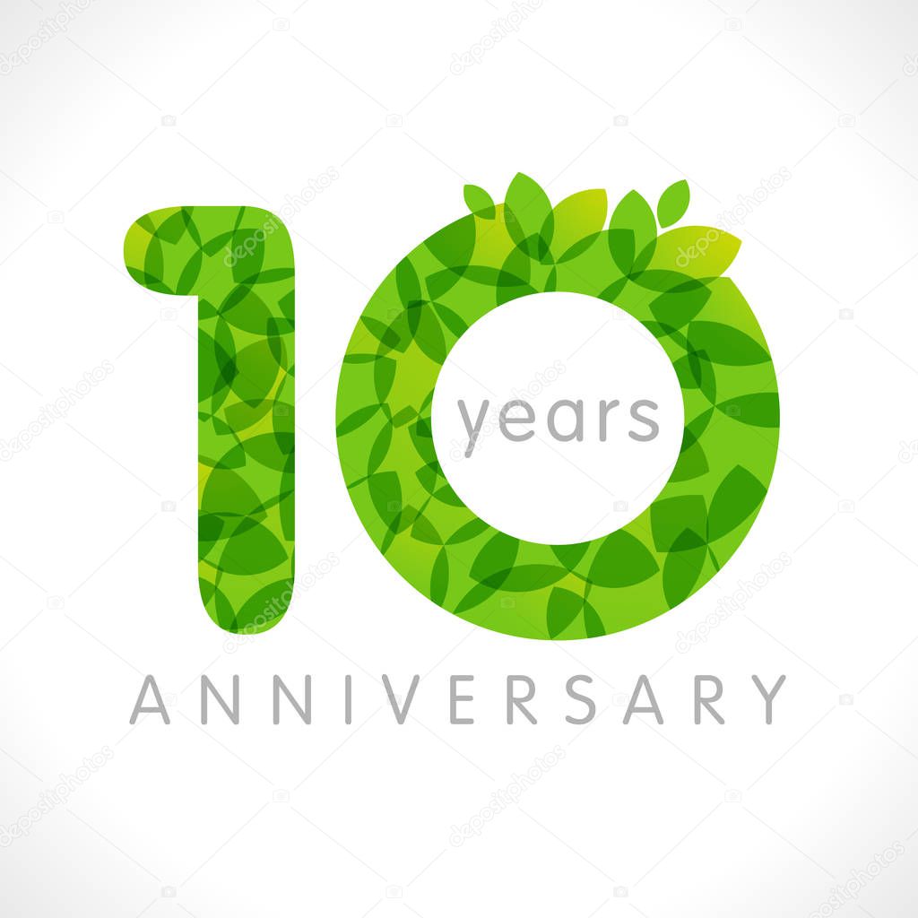10 th anniversary numbers. 10 years old logotype. Age congrats, congratulation idea with leaves. Isolated abstract graphic design template. Herbal digits, up to 10% percent off discount. Eco label. 10 anniversary logo