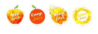 Taze elma, mango, limon ve portakal suyu logosu tasarım ayarlayın. Turuncu, sarı ve kırmızı sıçrama damlaları, beyaz arka plan üzerinde kabarcıklı etiketler. Papaya, avokado, kireç ve soda yaratıcı vektör illüstrasyon 