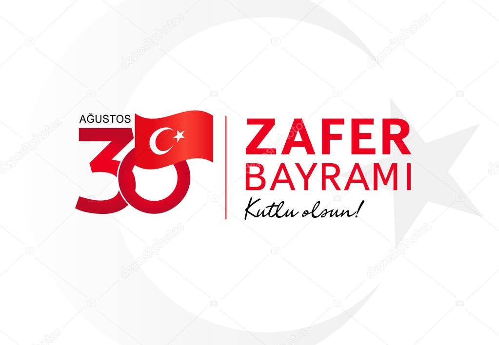 30 august, Zafer Bayrami Victory Day Turkey red card. Translation: Happy Victory Day, Republic of Turkey. Celebration republic, vector text with turkish language for design elements
