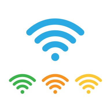 Wi-Fi vektör renkli simgesi, işareti. Kamu zon veya mobil arayüz için ücretsiz WiFi mavi, yeşil, kırmızı ve turuncu renkler ağ sembolü