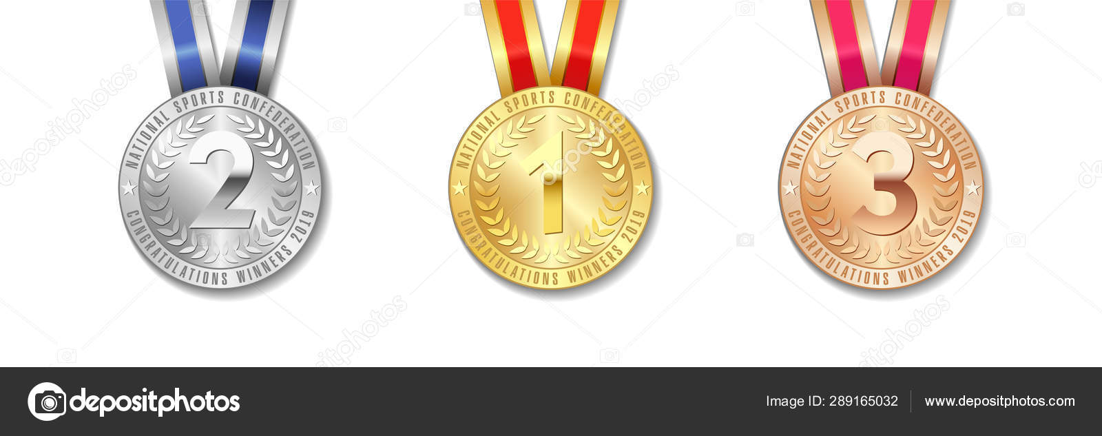 Realistic Vector Gold Silver Bronze Award Medal Icon Set Color Stock