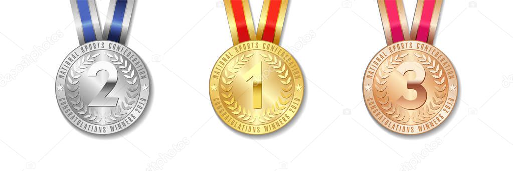 Realistic vector 3d gold, silver and bronze award medal icon set with color ribbons isolated on white background. The first, second, third place on sport tournament, victory concept vector prizes