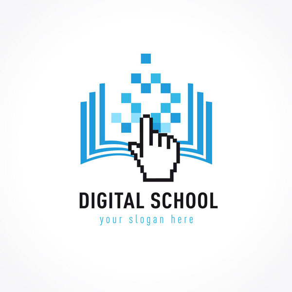 Online education logo template. Online learning concept, open book with pixels click cursor, digital element design. E-book, e-library or e-reader technology icon. Vector illustration