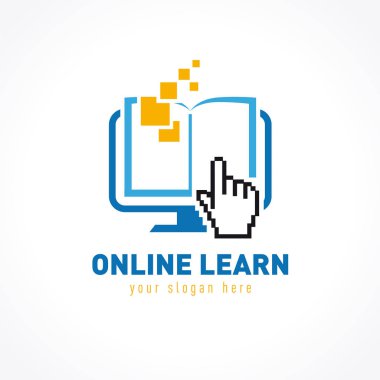 Online öğrenme logo şablonu, piksel kitap eğitim kavramı. Piksel işaretçisi, dijital eleman tasarımı ile monitörde açık kitap. E-kitap, e-kütüphane veya e-okuyucu teknoloji simgesi. Vektör çizimi