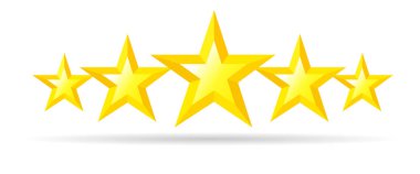 Beş yıldız derecelendirme gerçekçi sarı 3d simgesi. Kalite işareti şablonu, rütbe yıldız fason sembolü. Vektör çizimi