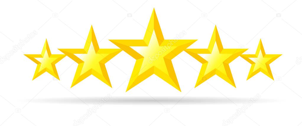 Five stars rating realistic yellow 3D icon. Quality sign template, rank star facet symbol. Vector illustration
