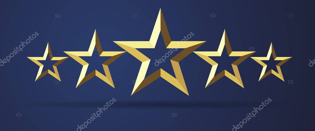 Five stars rating realistic golden 3D icon. Quality sign template, rank star facet symbol on dark background. Vector illustration