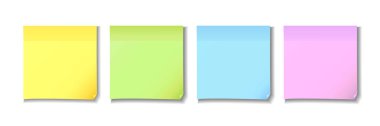 Sarı, yeşil, mavi ve pembe yapışkan notlar kağıt. Beyaz arka plan üzerinde dört posta notu renkli kağıt. Vektör çizimi