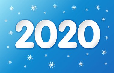 Mutlu Yıllar 2020 kağıt numaraları. Mavi arka plan üzerinde Lettering Xmas tebrik yazıt ve kar tanesi. Vektör çizimi