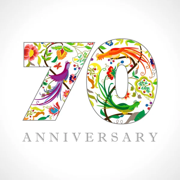 岁徽标 70周年纪念日数字 装饰符号 与孔雀鸟的年龄祝贺 独立抽象图形设计模板 皇家彩色数字 的折扣 — 图库矢量图片