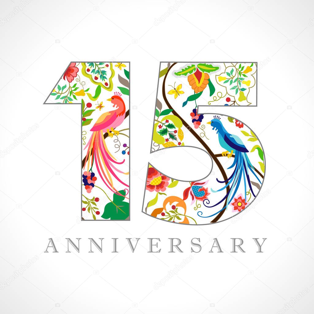 15 years old logotype. 15 th anniversary numbers. Decorative symbol. Age congrats with peacock birds. Isolated abstract graphic design template. Royal coloured digits. Up to 15% percent off discount.